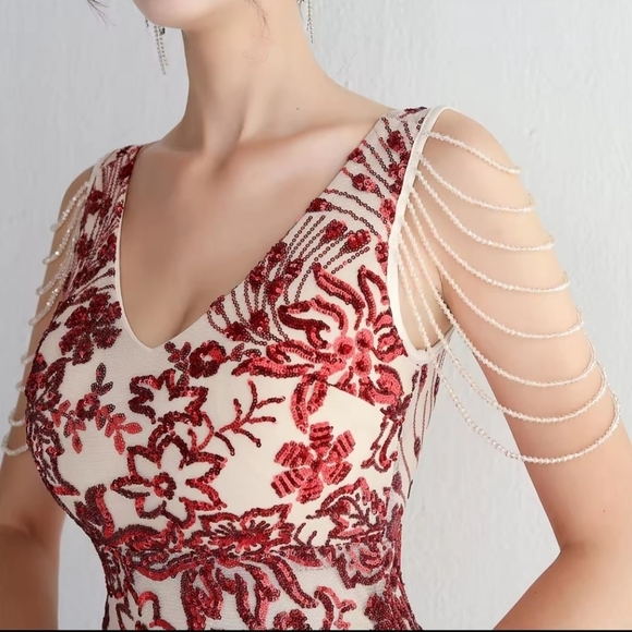 Red, Floral Print,  V Neck, Beaded Draped Sleeves,  Sequined Mermaid Gown - Picture 4 of 16